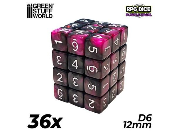 D6 12mm Dice Purple Swirl - 36 st Green Stuff World 