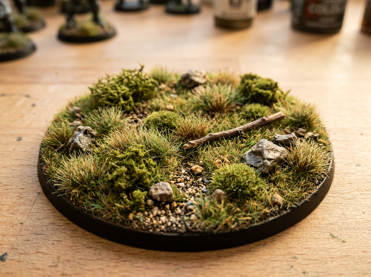 Färdig miniatyrbas med gräs och vegetation